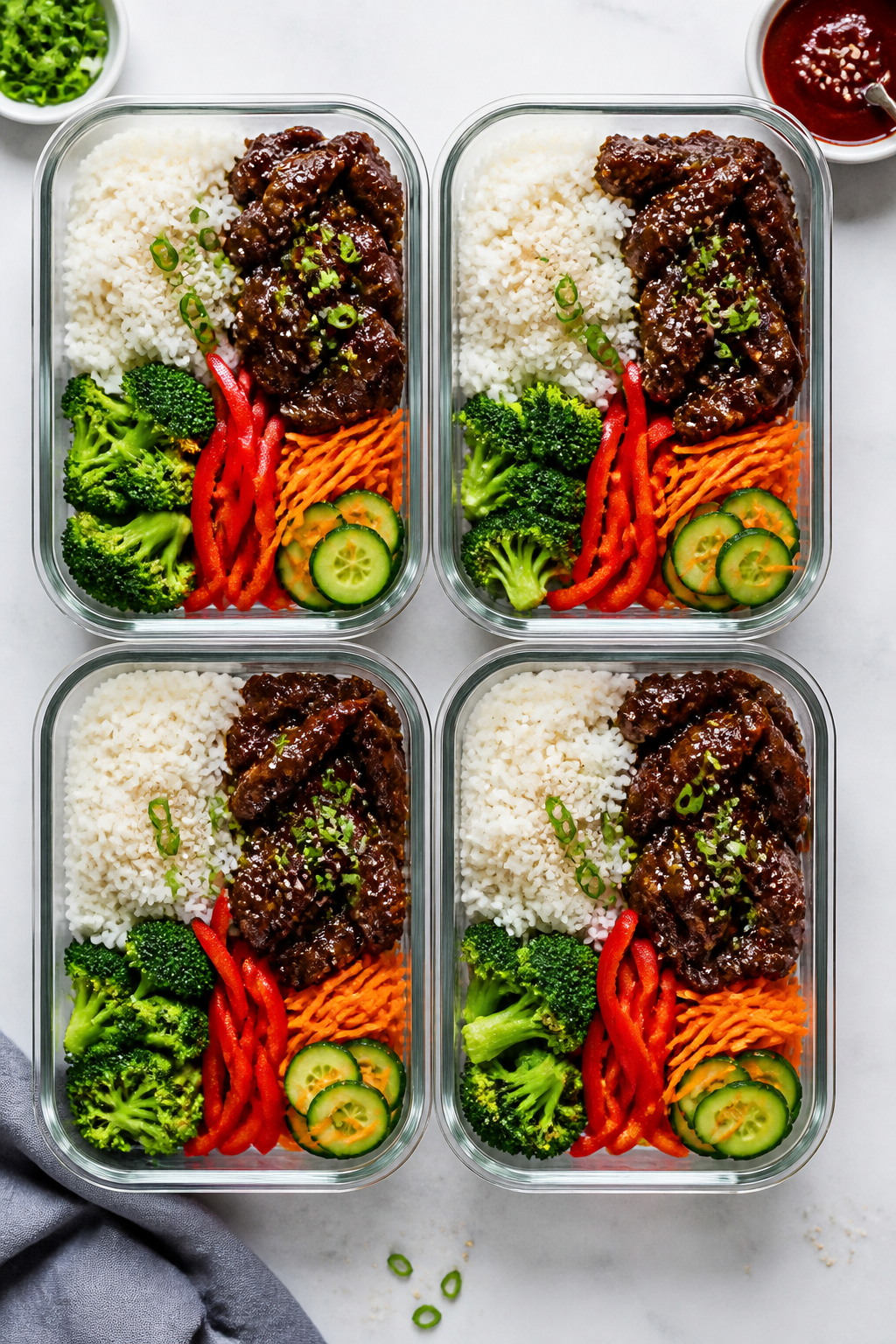 Tasty top view: Overhead shot of assembled Healthy Korean Beef Meal Prep Bowls in four neat containe