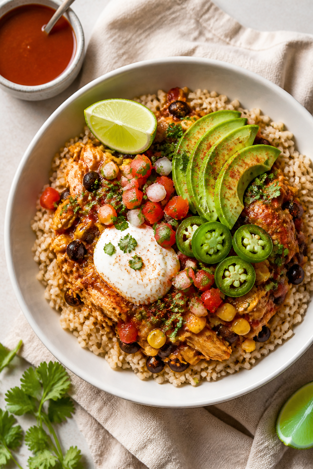 Tasty top view: Overhead shot of assembled Healthy Chicken Enchilada Rice Bowls—fluffy brown rice 