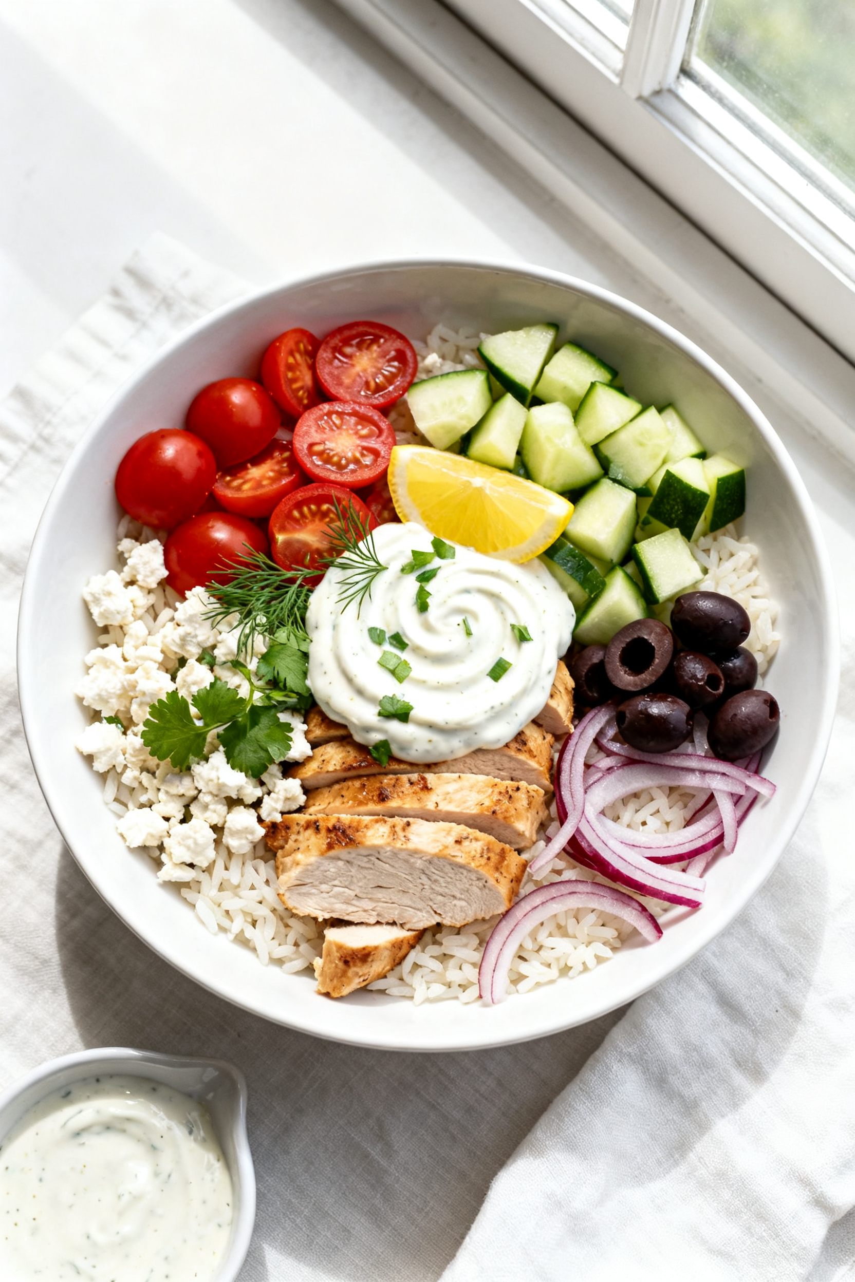 Tasty top view – Overhead shot of assembled High Protein Greek Chicken Rice Bowl: a neat bed of wa