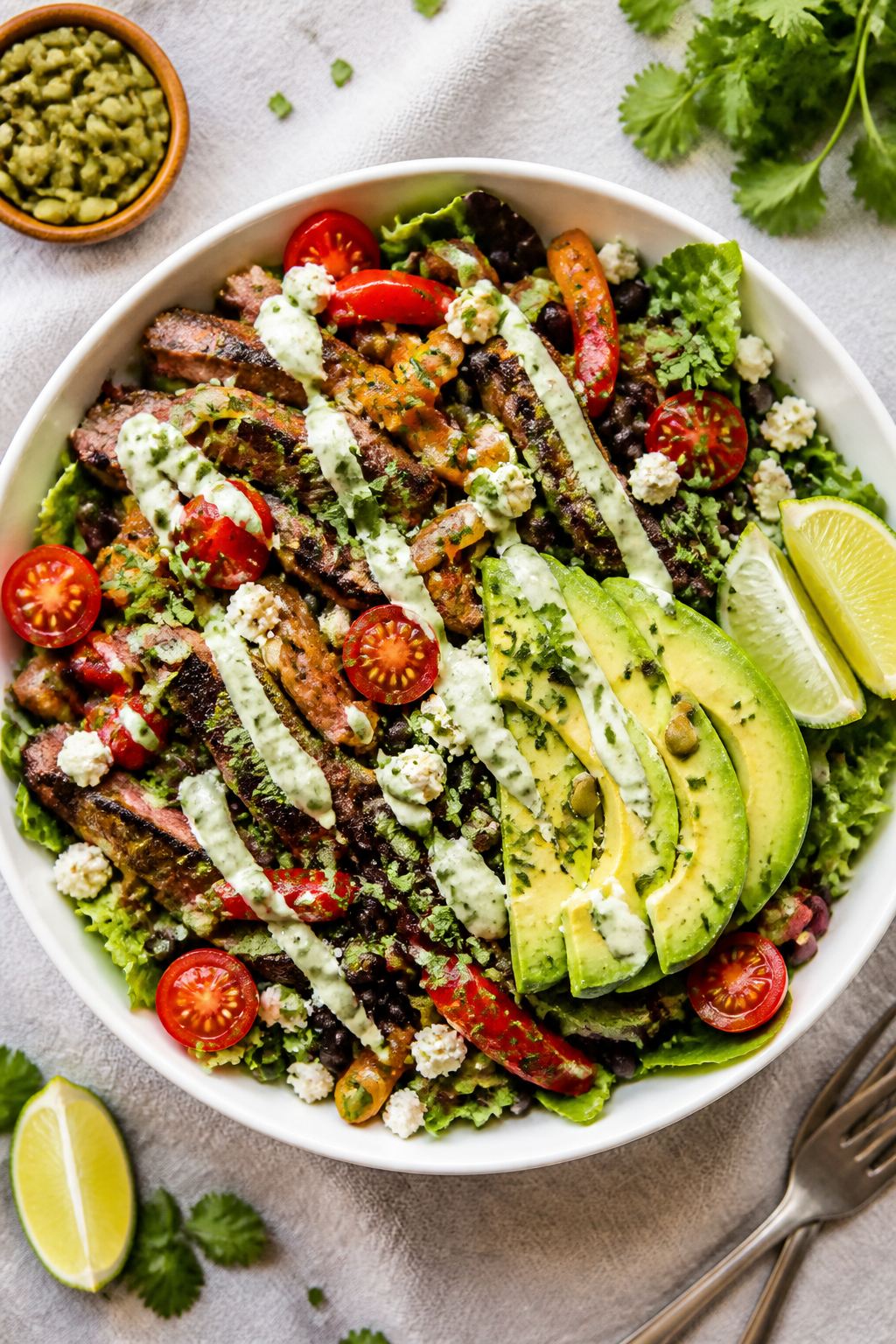 Tasty top view: Overhead shot of assembled High Protein Beef Fajita Salad Bowl—bed of mixed greens