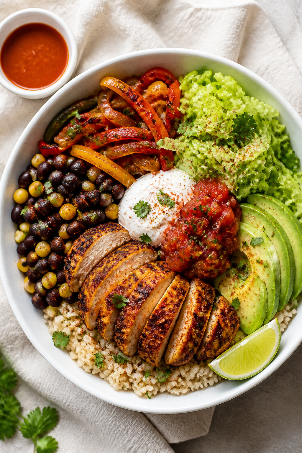 Tasty top view: Overhead shot of assembled High Protein Chicken Taco Bowl—base of fluffy brown ric
