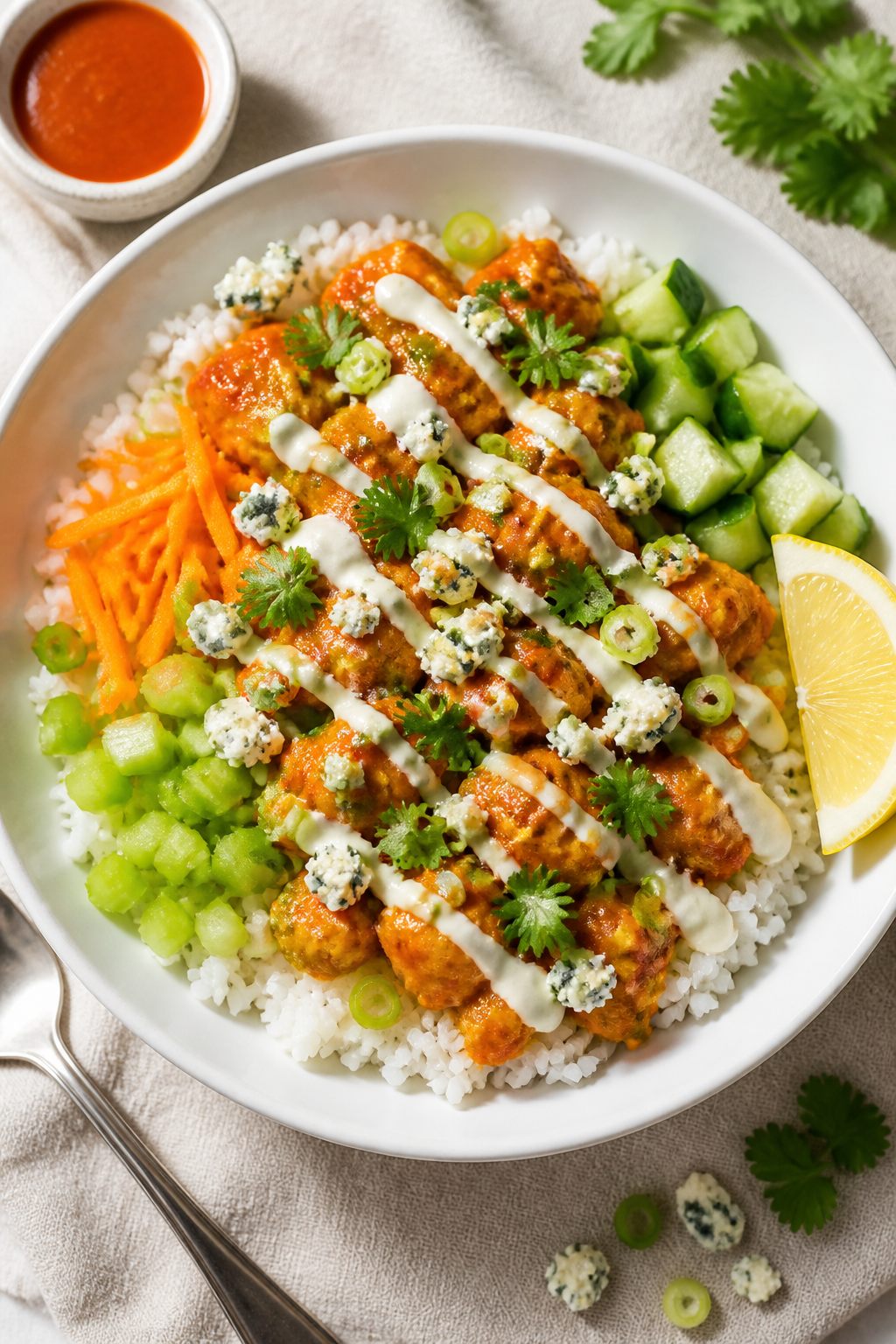 Tasty top view: Overhead shot of assembled High Protein Buffalo Chicken Rice Bowl—bed of fluffy wh