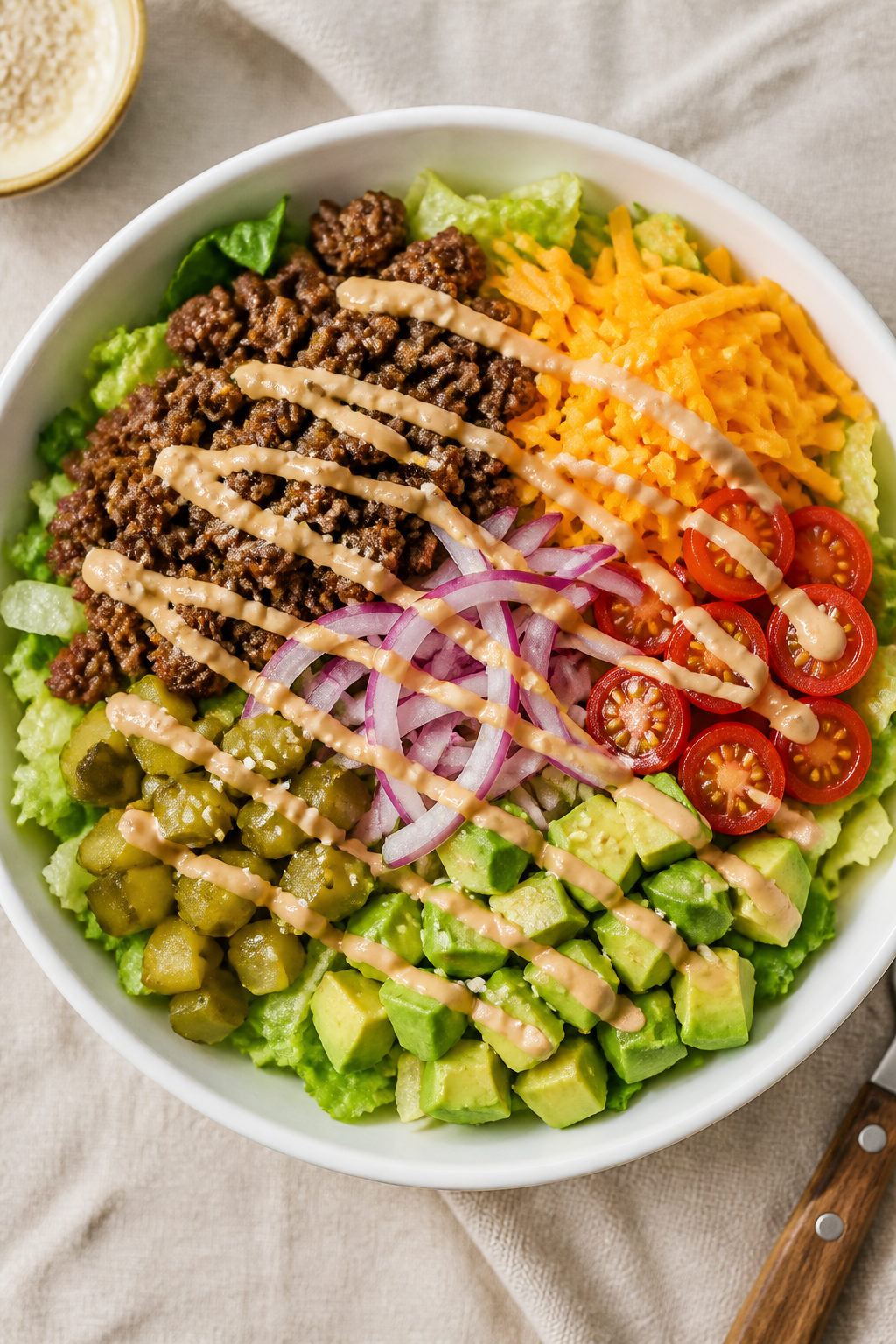 Tasty top view: Overhead shot of assembled high-protein cheeseburger bowls—crisp chopped iceberg a