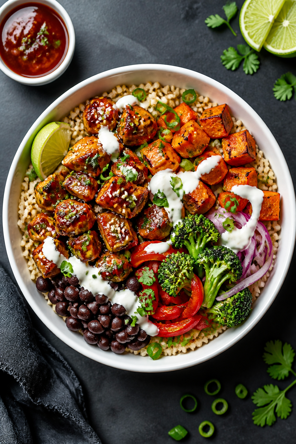 Tasty top view: Overhead shot of assembled High Protein Honey BBQ Chicken Bowl—brown rice base flu