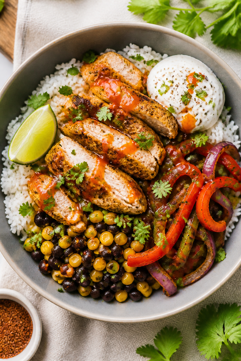 Tasty top view: Overhead shot of assembled High Protein Cajun Chicken Rice Bowl—fluffy white jasmi