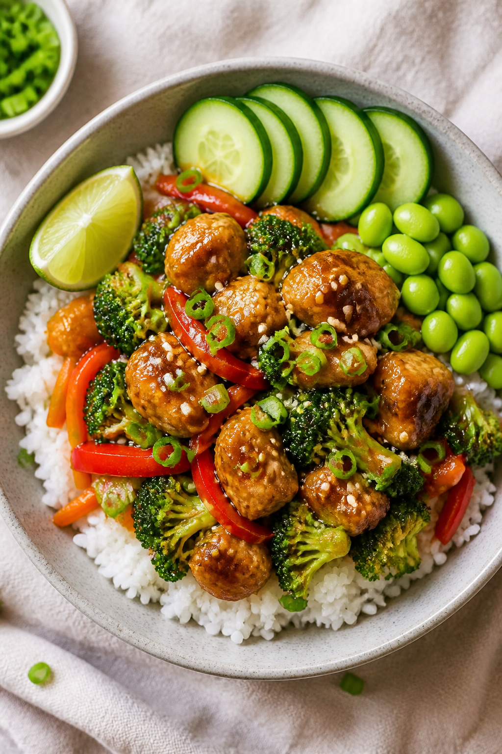 Tasty top view: Overhead shot of assembled High Protein Teriyaki Turkey Rice Bowl—fluffy white jas