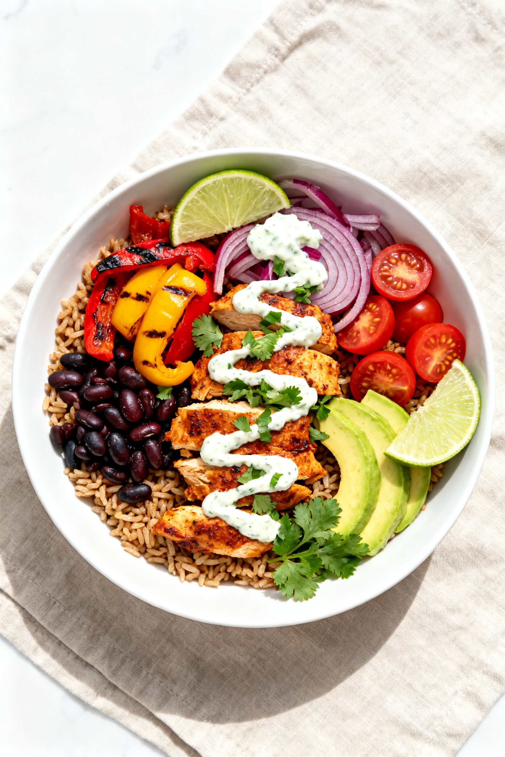 Tasty top view: Overhead shot of assembled High Protein Cajun Chicken Bowl—fluffy brown rice base