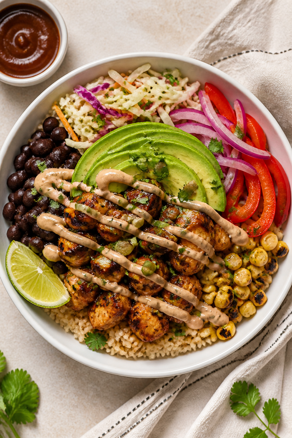 Tasty top view: Overhead shot of assembled High Protein BBQ Chicken Bowl on a matte white shallow bo