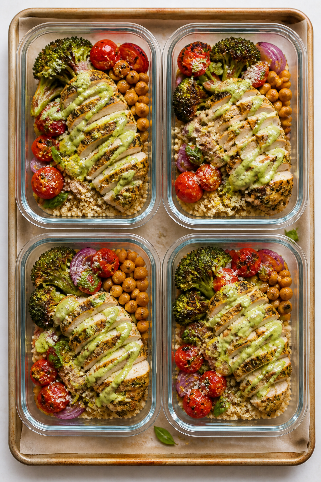 Tasty top view: Overhead shot of assembled meal prep bowls—quinoa base fluffed and speckled with l