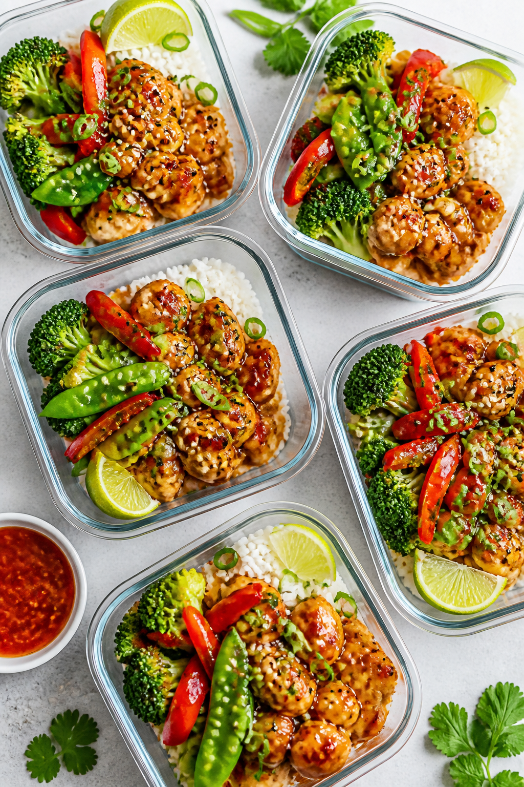 Tasty top view: Overhead shot of assembled meal prep containers—jasmine rice base fluffed with lim