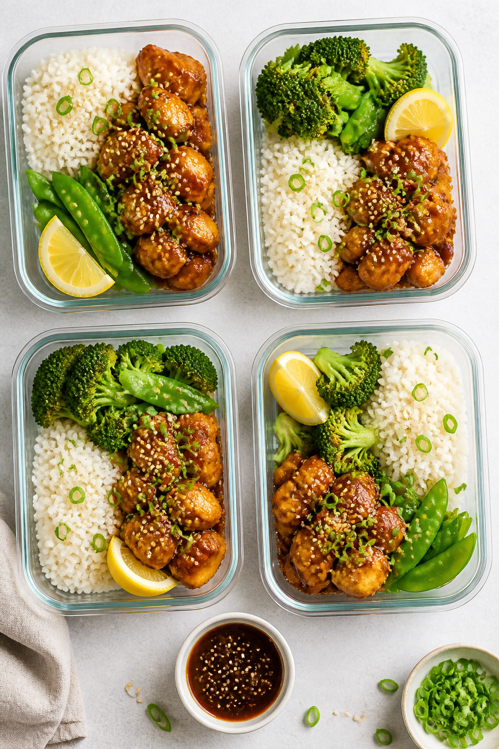 Tasty top view: Overhead shot of assembled meal prep bowls—neatly divided sections of fluffy jasmi