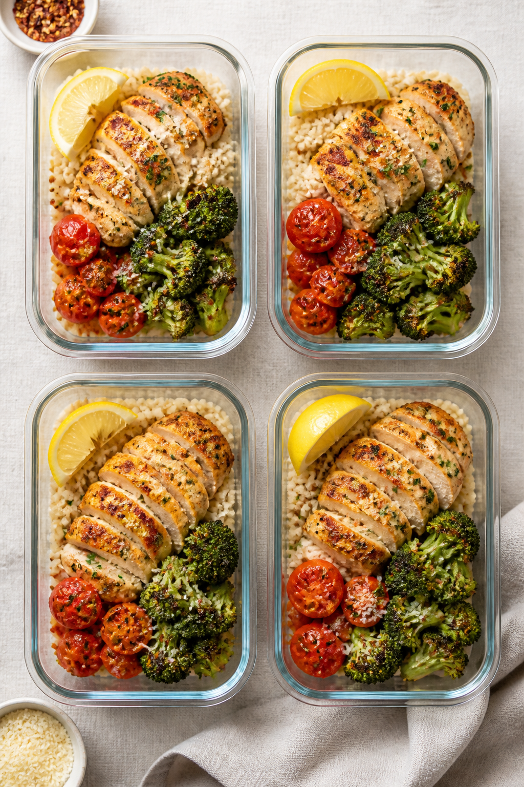 Tasty top view: Overhead shot of assembled meal prep containers—four neatly arranged bowls with fl