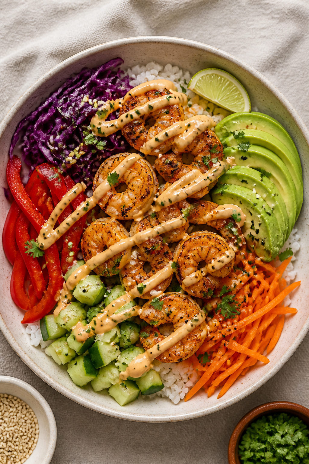 Tasty top view: Overhead shot of assembled Protein Packed Shrimp Rice Bowl in a wide, shallow cerami
