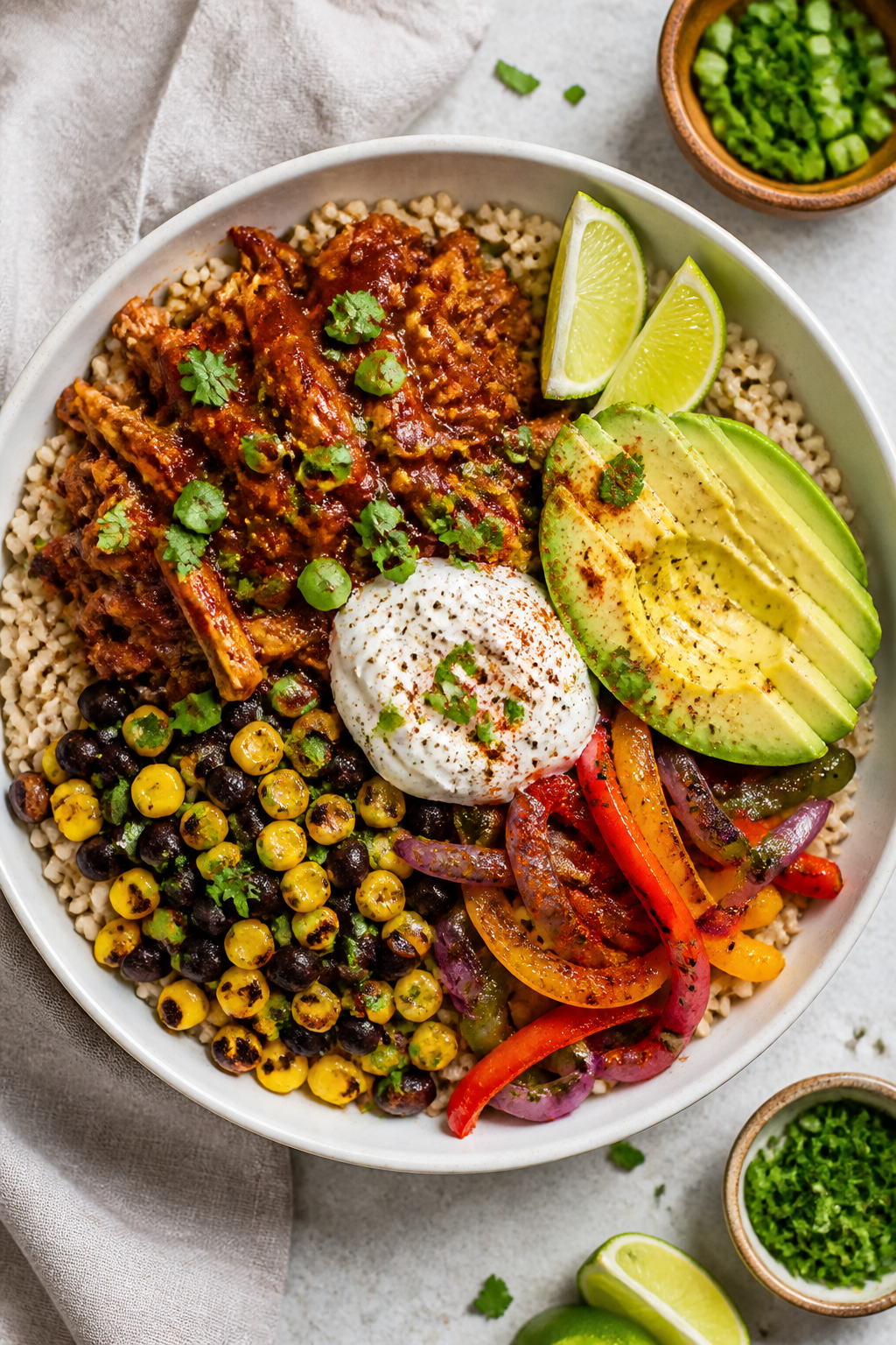 Tasty top view: Overhead shot of assembled Protein-Packed BBQ Turkey Bowl in a matte white wide bowl