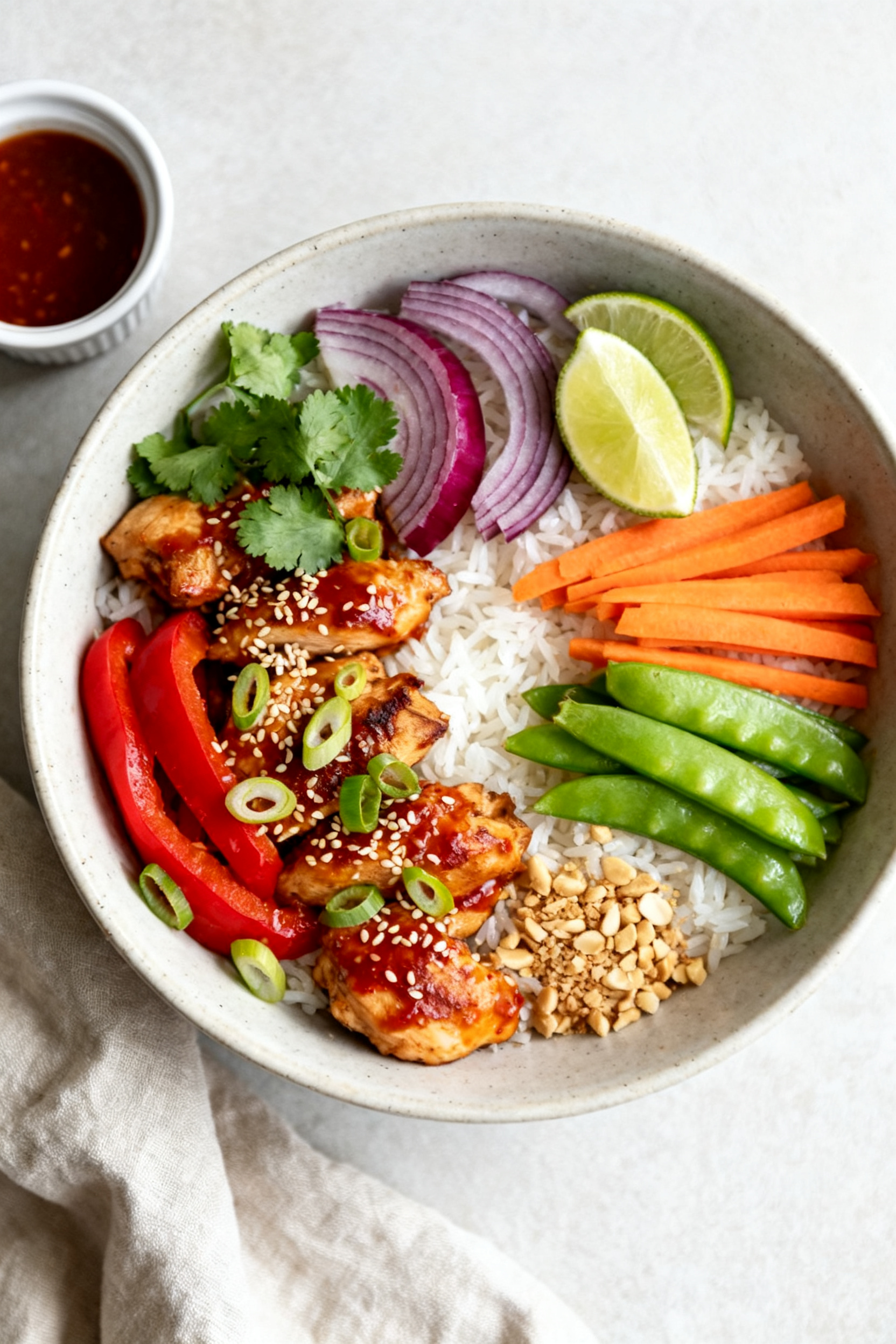 Tasty top view: Overhead shot of assembled Spicy Honey Sriracha Chicken Bowls on fluffy jasmine rice