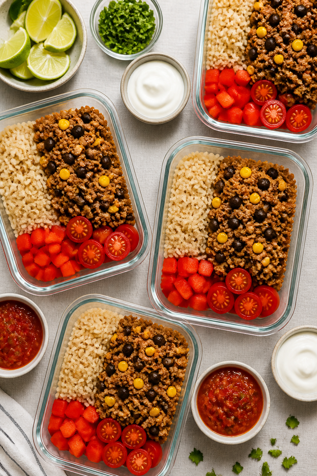 Tasty top view: Overhead shot of assembled turkey taco meal prep bowls, neatly portioned in 4–5 gl