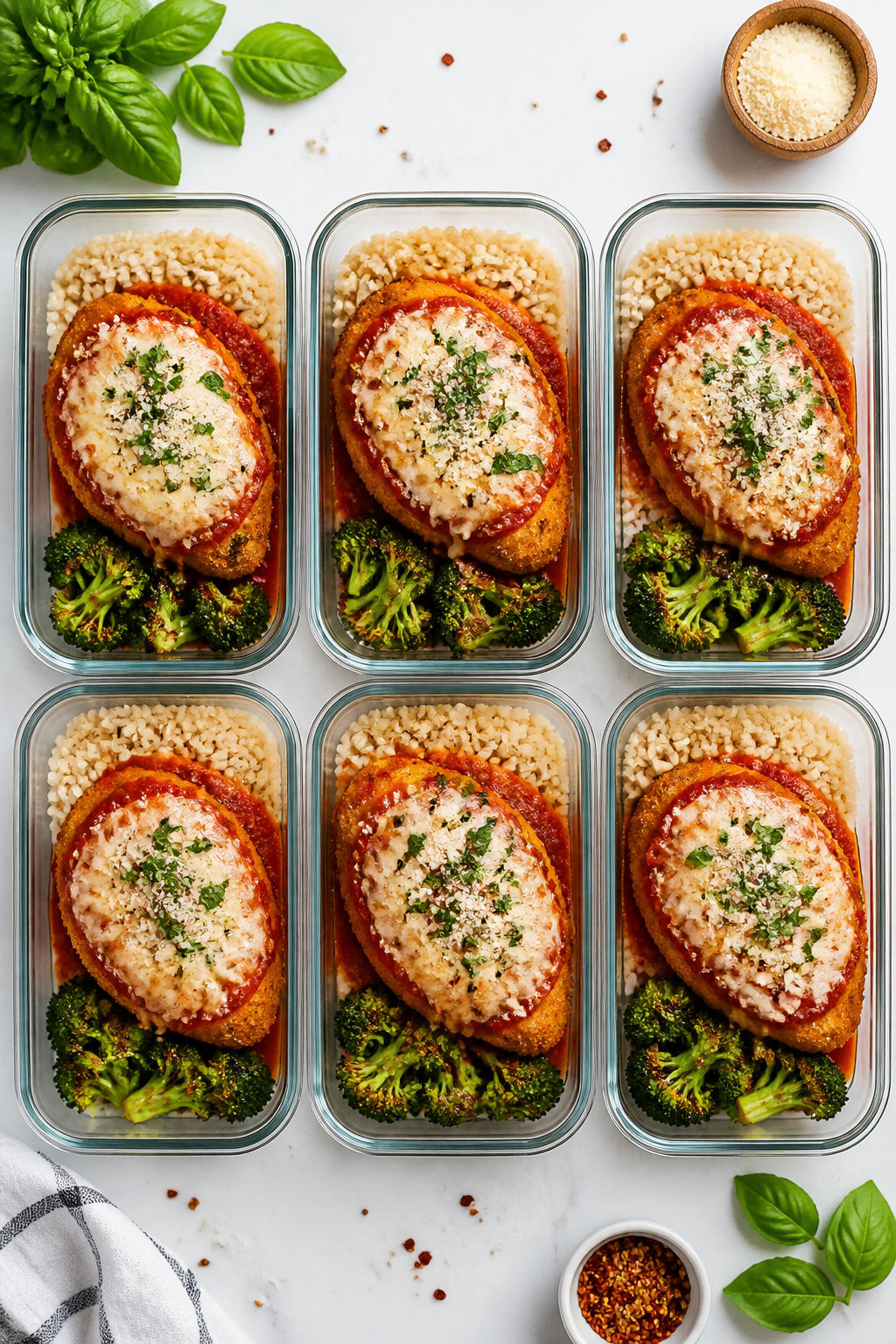 Tasty top view: Overhead shot of Chicken Parmesan meal prep bowls arranged in a neat grid, each cont