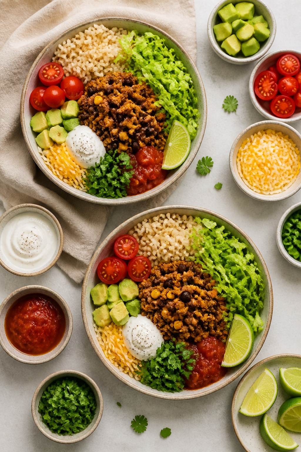 Tasty top view: Overhead shot of customizable turkey taco bowl assembly spread—two bowls centered 