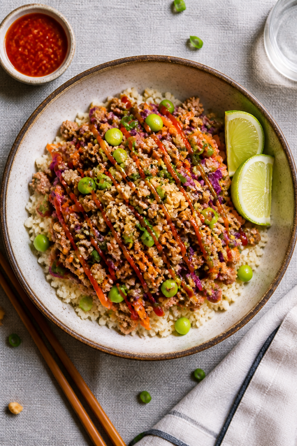 Tasty top view: Overhead shot of Egg Roll in a Bowl served over fluffy cauliflower rice in a wide, s