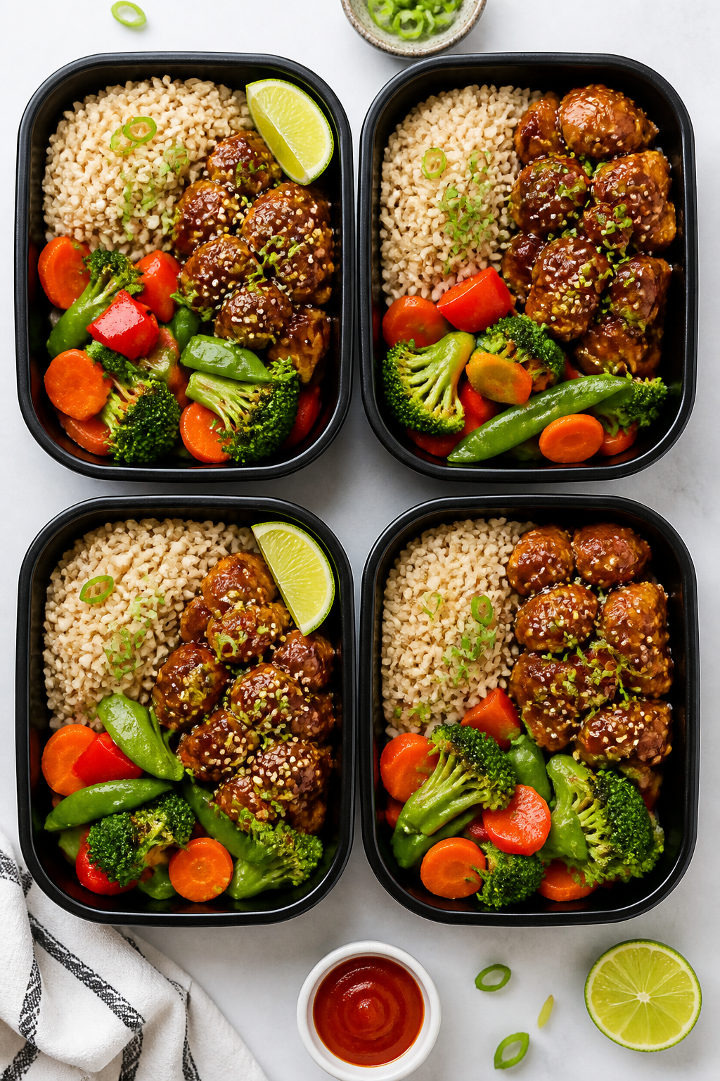 Tasty top view – Overhead shot of four meal prep bowls: neat sections of fluffy brown rice, saucy 