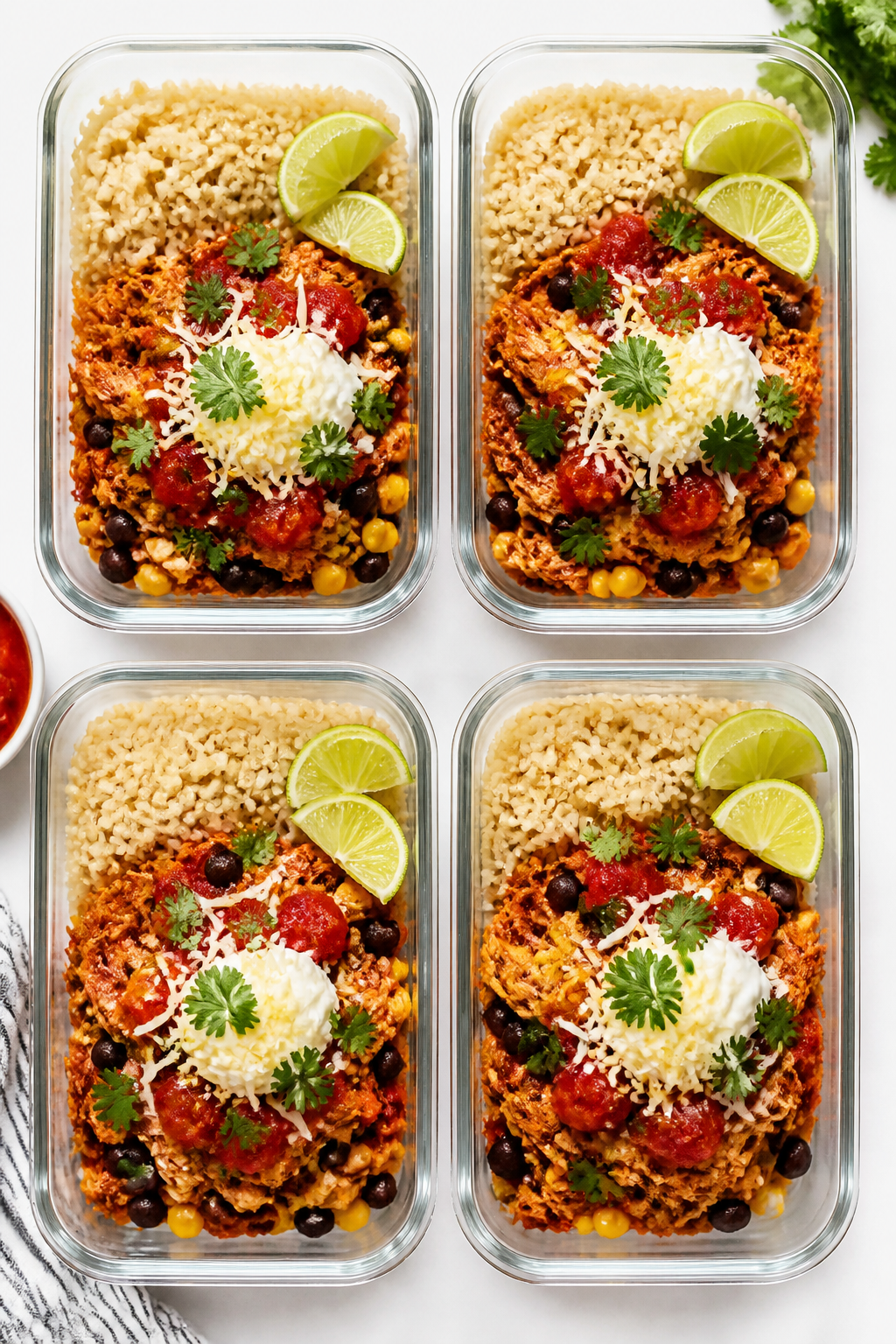 Tasty top view: Overhead shot of four meal prep containers neatly arranged, each with a base of fluf