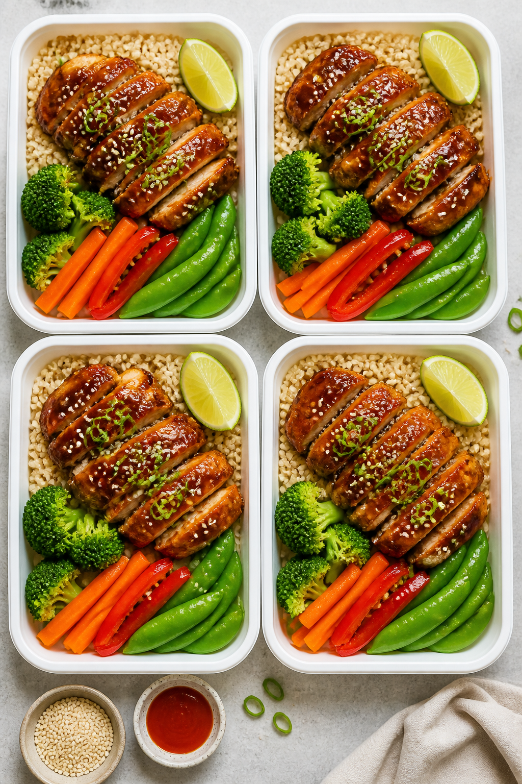 Tasty top view: Overhead shot of four open meal-prep containers arranged grid-style, each with a nea