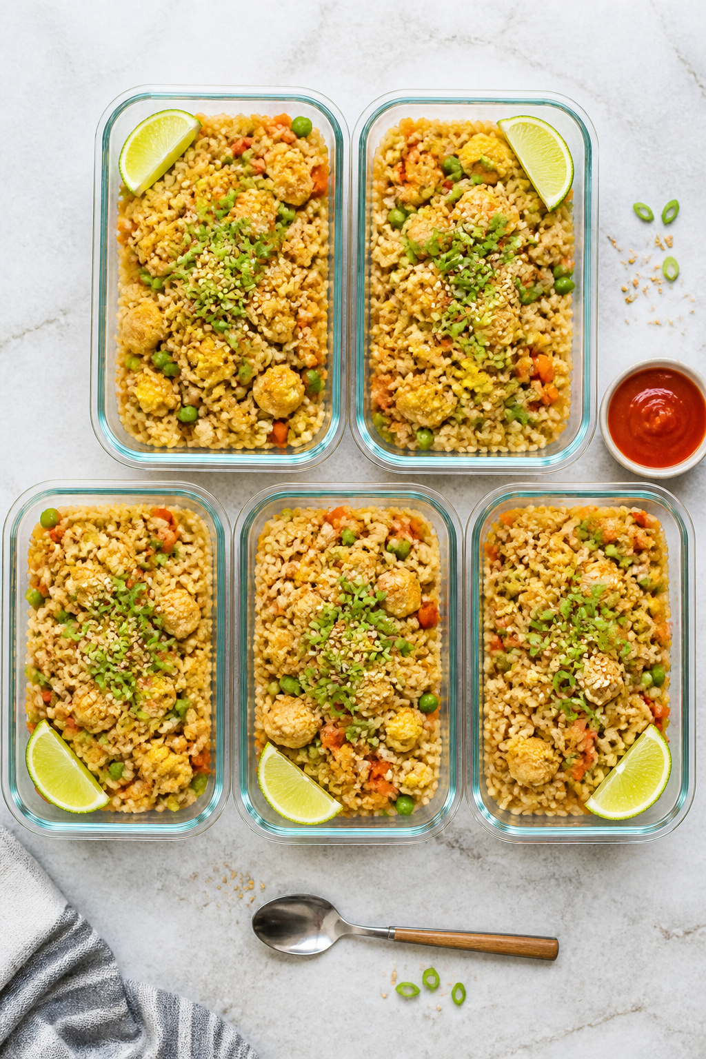 Tasty top view: Overhead shot of freshly finished chicken fried rice divided into 5 neat meal-prep c