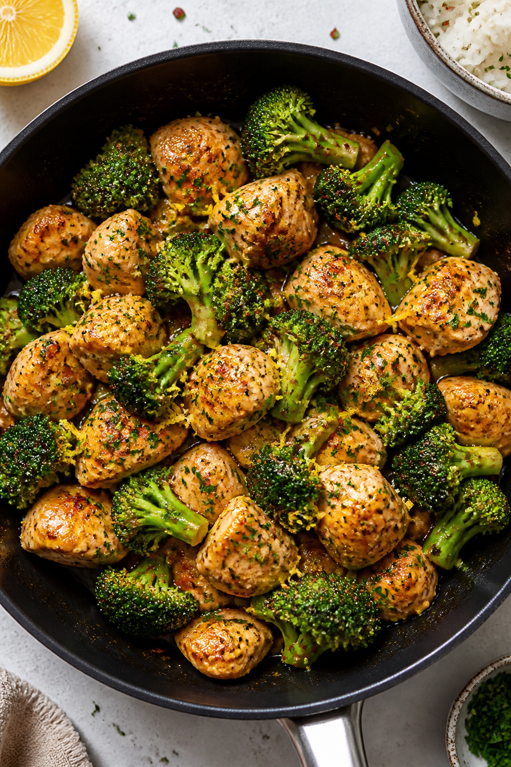 Tasty top view: Overhead shot of garlic butter chicken and broccoli tossed together in a glossy sauc