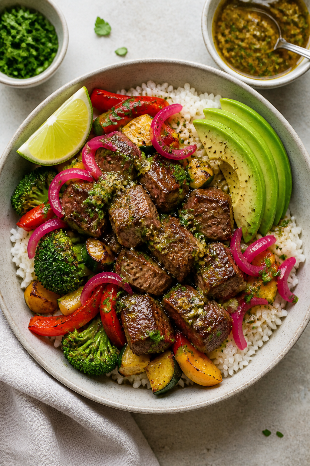 Tasty top view: Overhead shot of Garlic Butter Steak Protein Bowls assembled in wide, matte ceramic