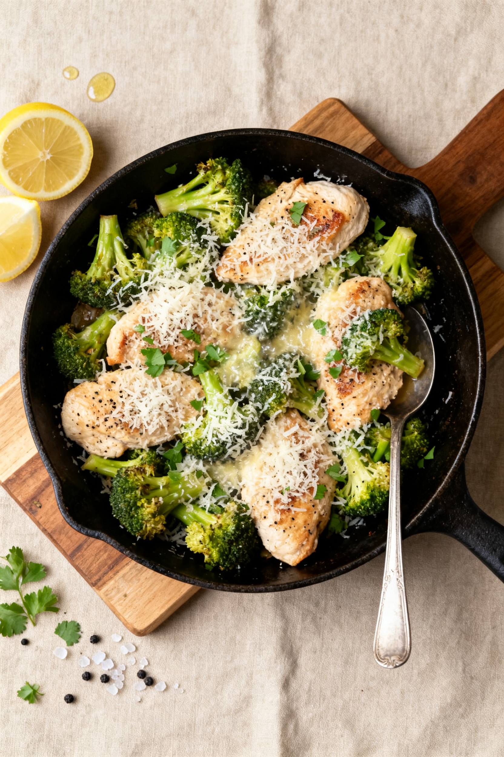 Tasty top view: Overhead shot of Garlic Parmesan Chicken & Broccoli Skillet just off heat, Parmesan 