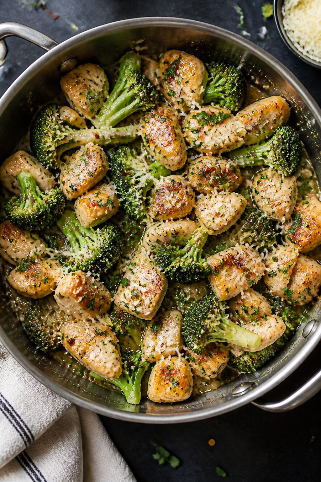 Tasty top view: Overhead shot of Garlic Parmesan Chicken & Broccoli just after tossing in the pan—