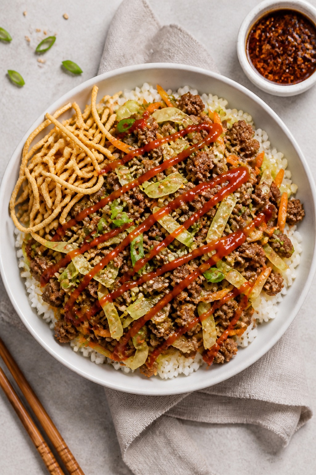 Tasty top view: Overhead shot of Ground Beef Egg Roll in a Bowl served for dinner, heaping portion i