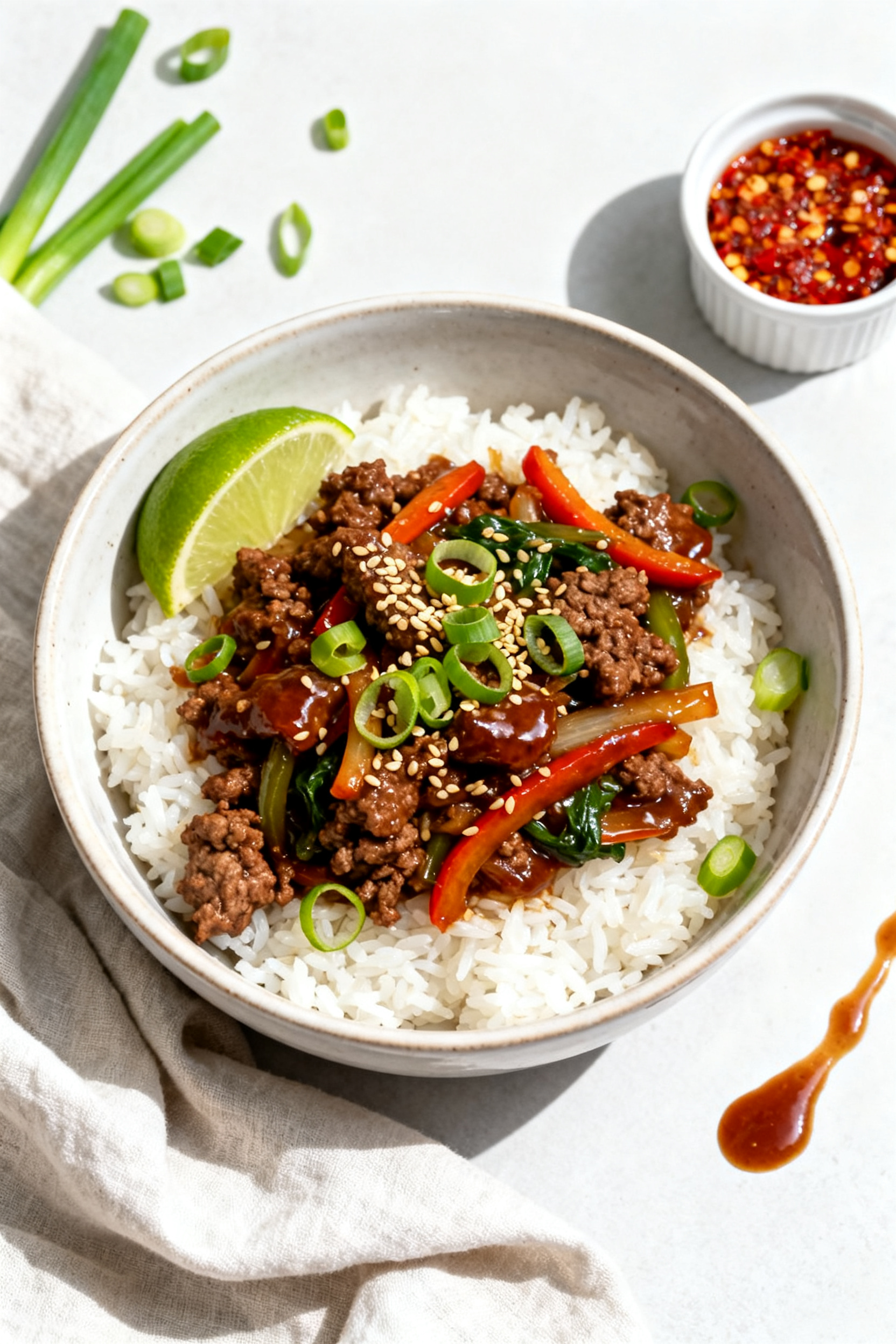 Tasty top view: Overhead shot of Healthy Mongolian Ground Beef Bowls assembled over fluffy jasmine r