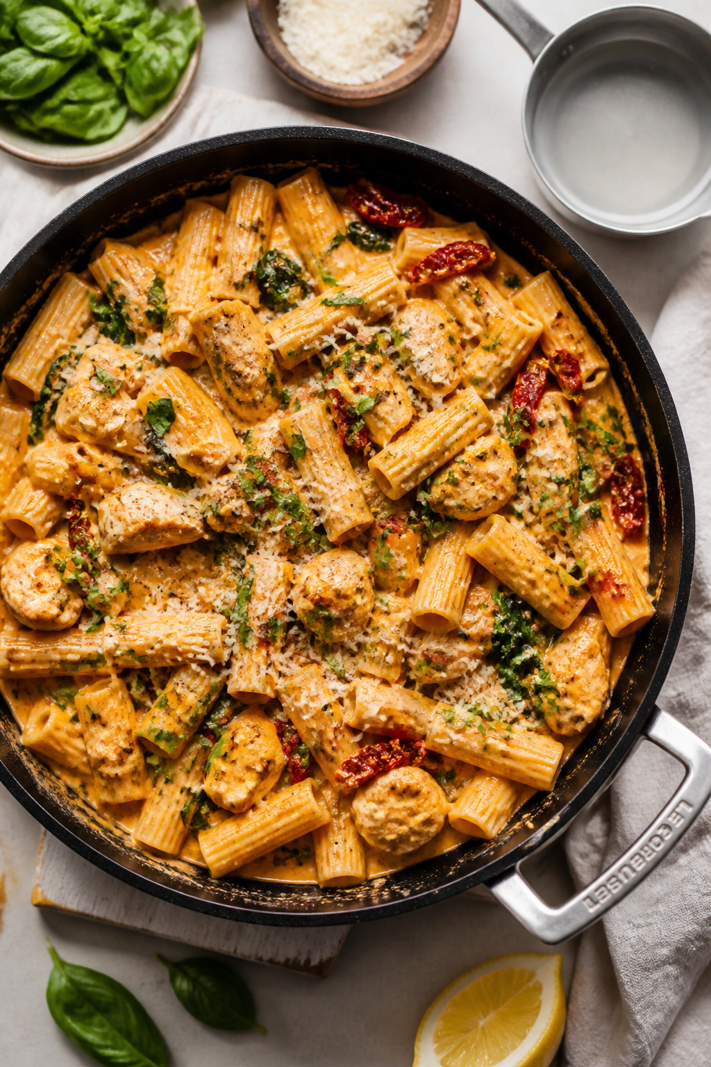 Tasty top view: Overhead shot of High Protein Marry Me Chicken Pasta in a wide black skillet, rigato