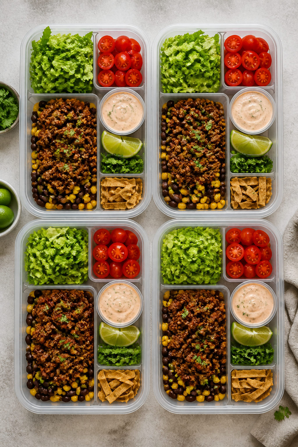 Tasty top view: Overhead shot of high-protein taco salad meal prep containers arranged grid-style; b