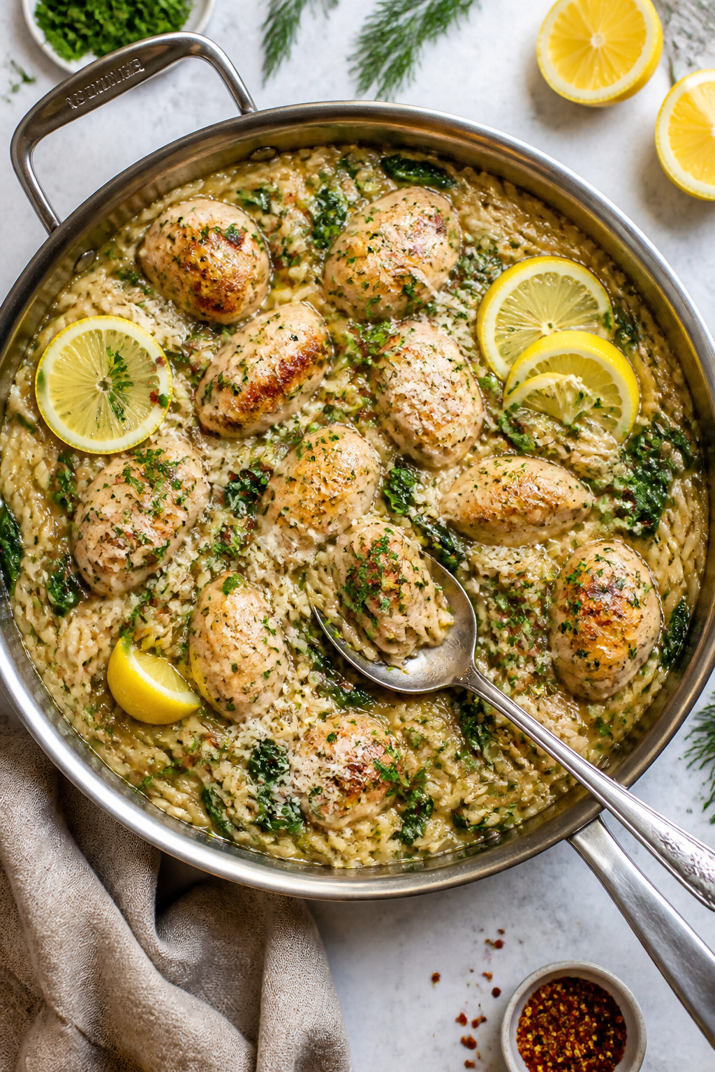 Tasty top view: Overhead shot of Lemon Garlic Chicken Orzo Skillet finished in the pan—tender orzo