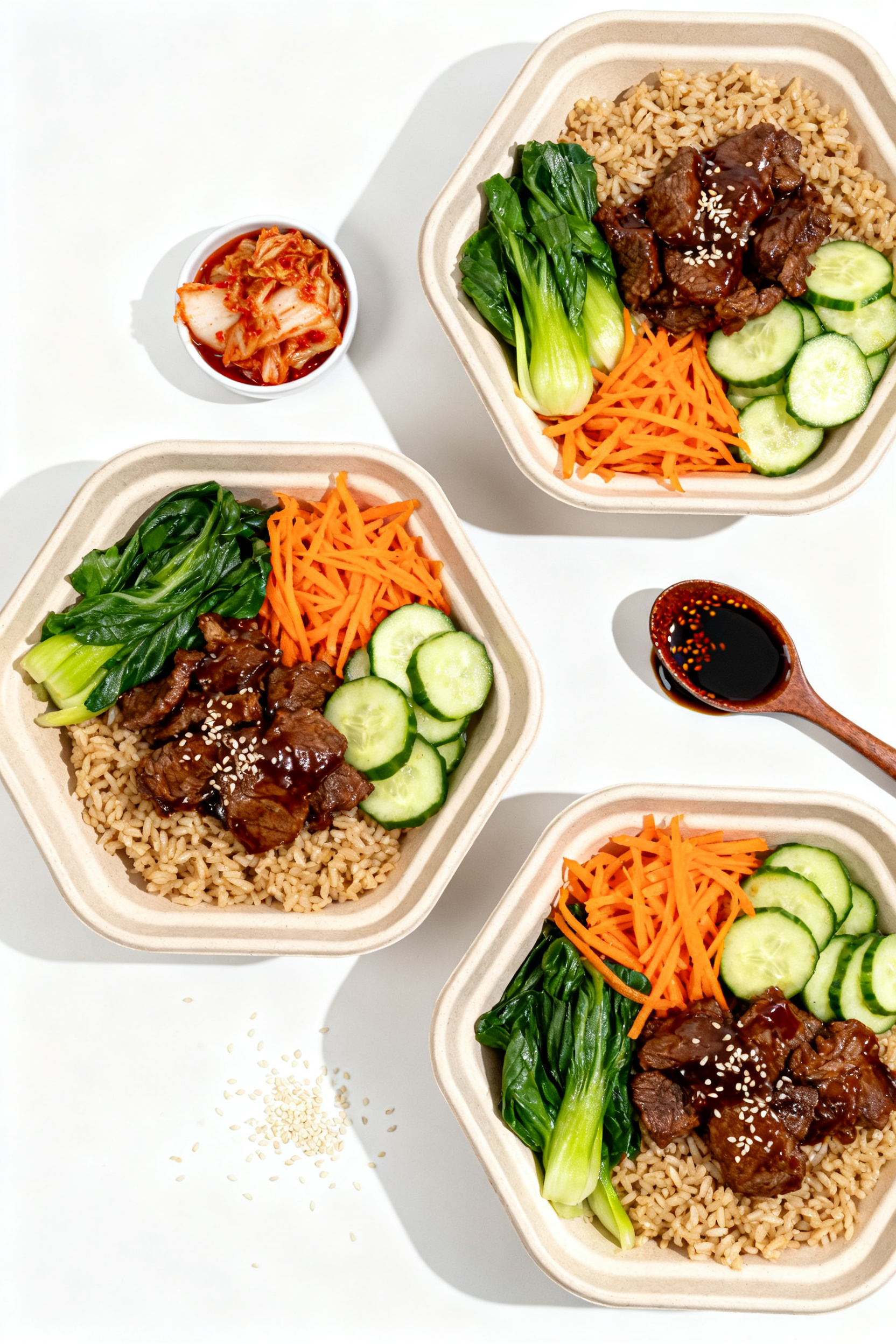 Tasty top view — Overhead shot of meal-prep bowls: three neatly arranged bowls showing portions of