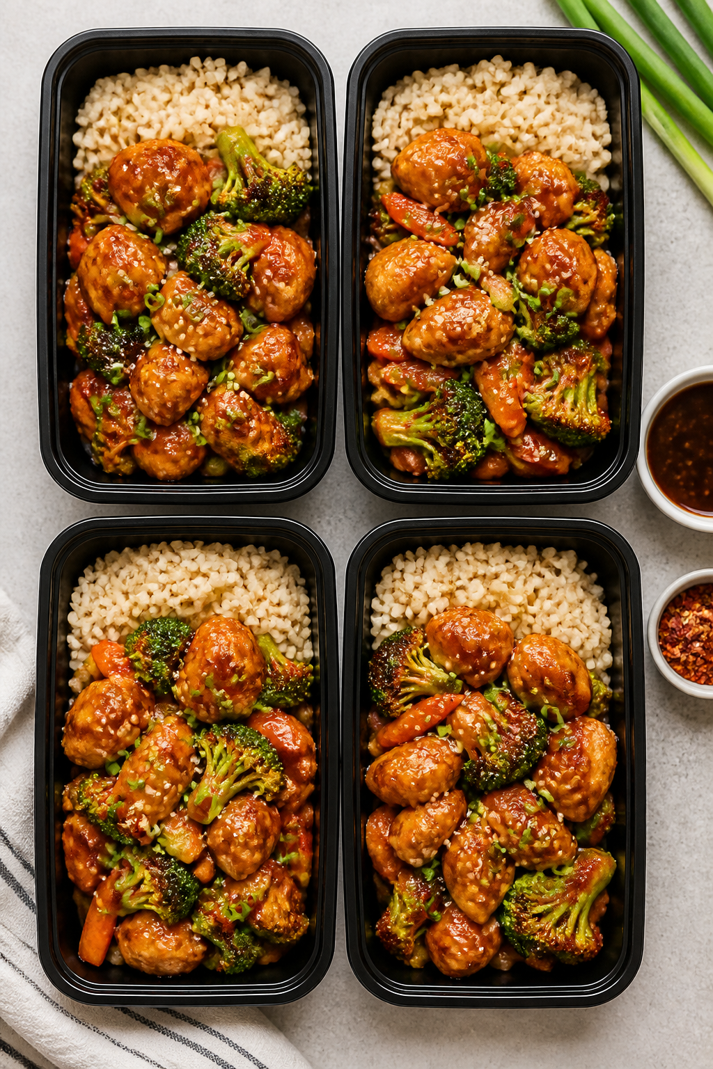 Tasty top view: Overhead shot of meal-prep containers neatly filled with brown rice and glossy turke
