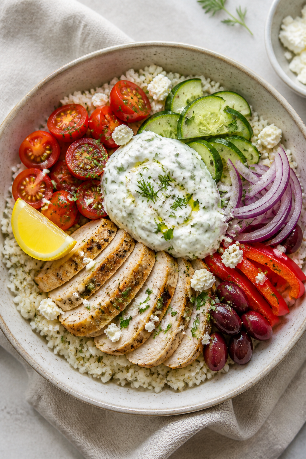 Tasty top view — Overhead shot of Protein Packed Greek Chicken Rice Bowl: fluffy white rice season