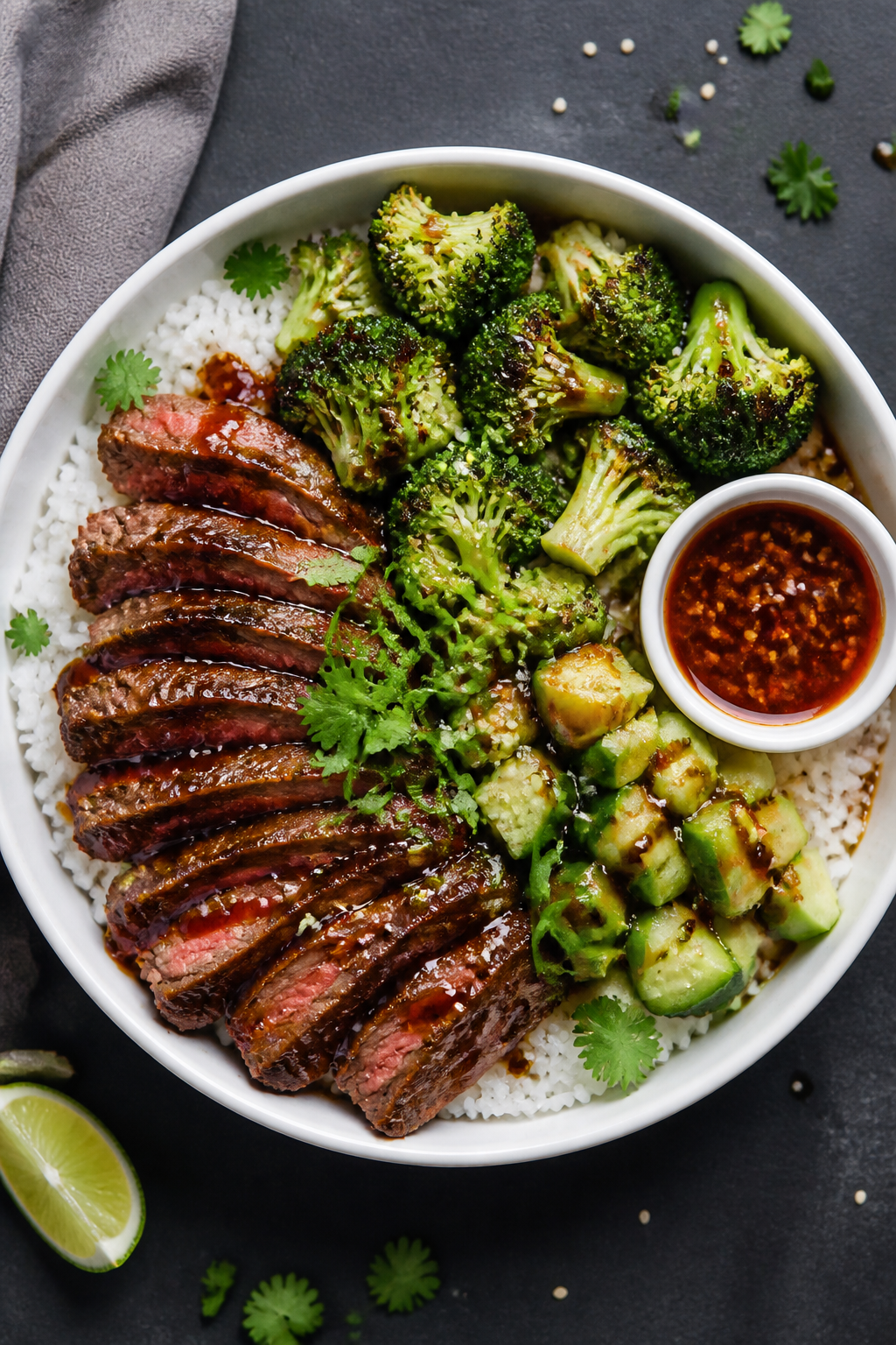 Tasty top view: Overhead shot of Protein Packed Steak & Rice Bowl—fluffy jasmine rice base topped 