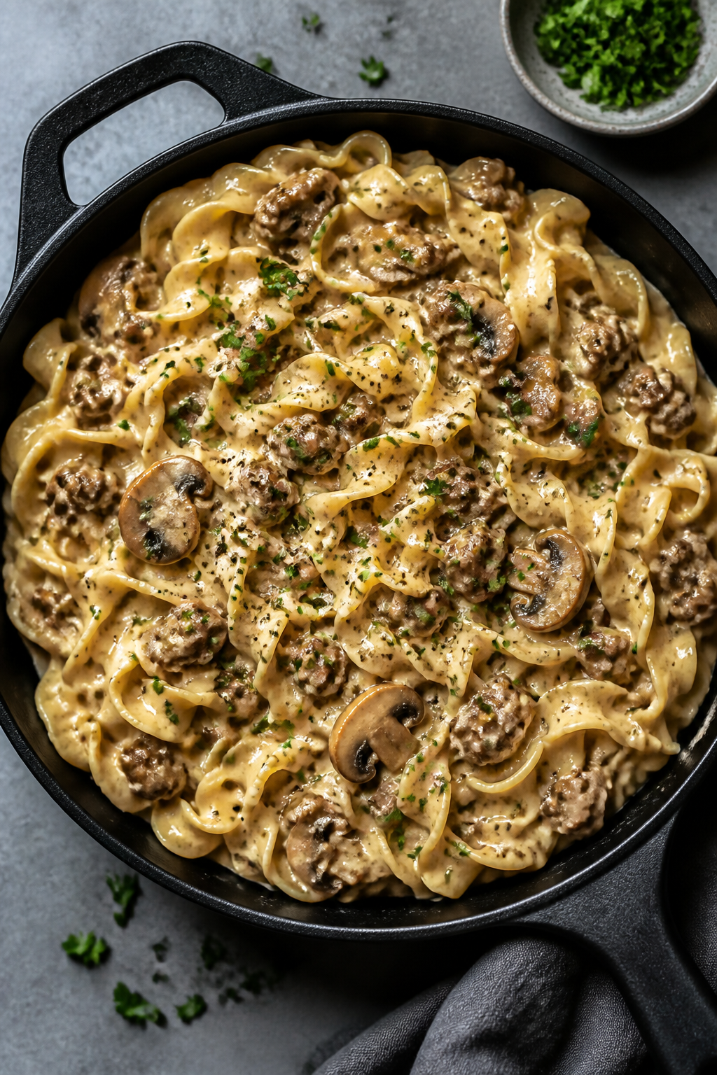 Tasty top view: Overhead shot of silky ground beef stroganoff tossed with wide egg noodles in a matt