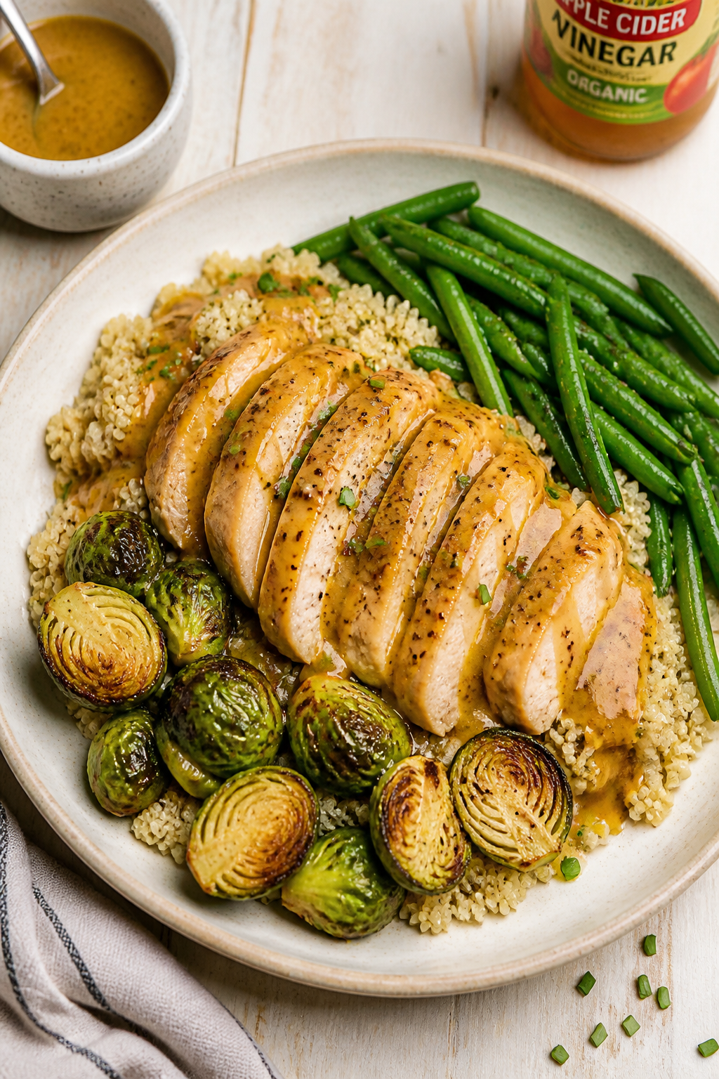 Tasty top view: Overhead shot of sliced honey mustard chicken fanned over fluffy quinoa with roasted
