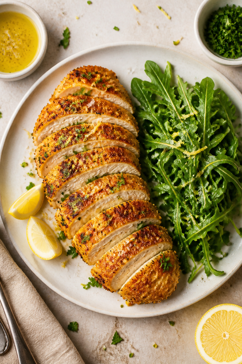 Tasty top view: Overhead shot of sliced Parmesan crusted chicken breast fanned on a matte white plat