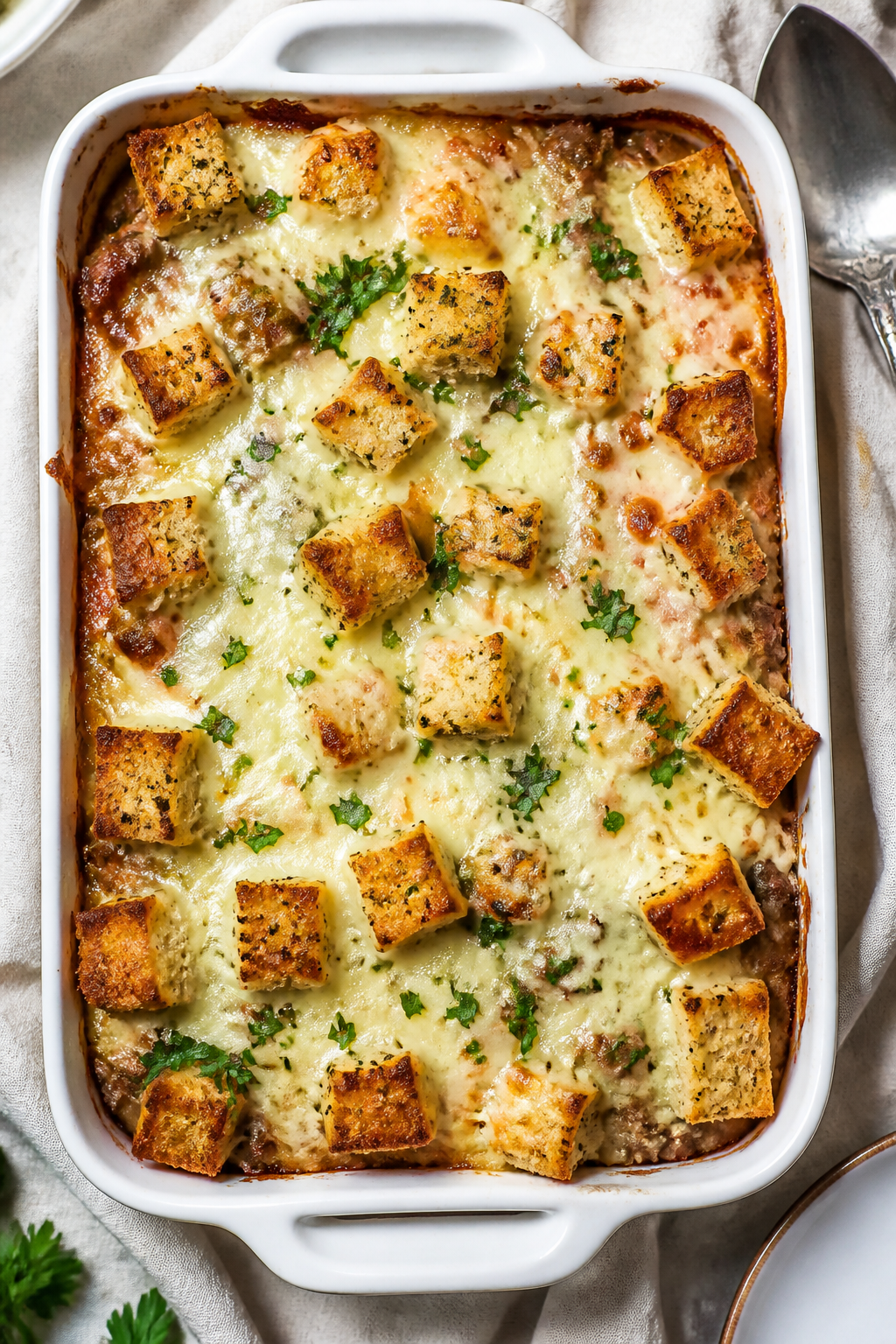 Tasty top view: Overhead shot of the assembled casserole just out of the oven—golden, bubbling bla