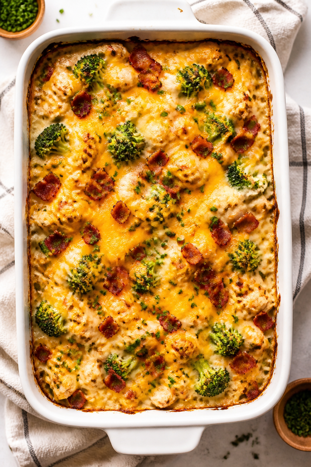 Tasty top view: Overhead shot of the baked Chicken Bacon Ranch casserole in a 9x13 dish just out of 