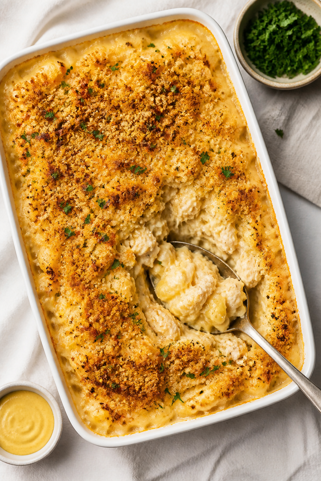 Tasty top view: Overhead shot of the baked High Protein Chicken Mac & Cheese in a 9x13 dish with a d