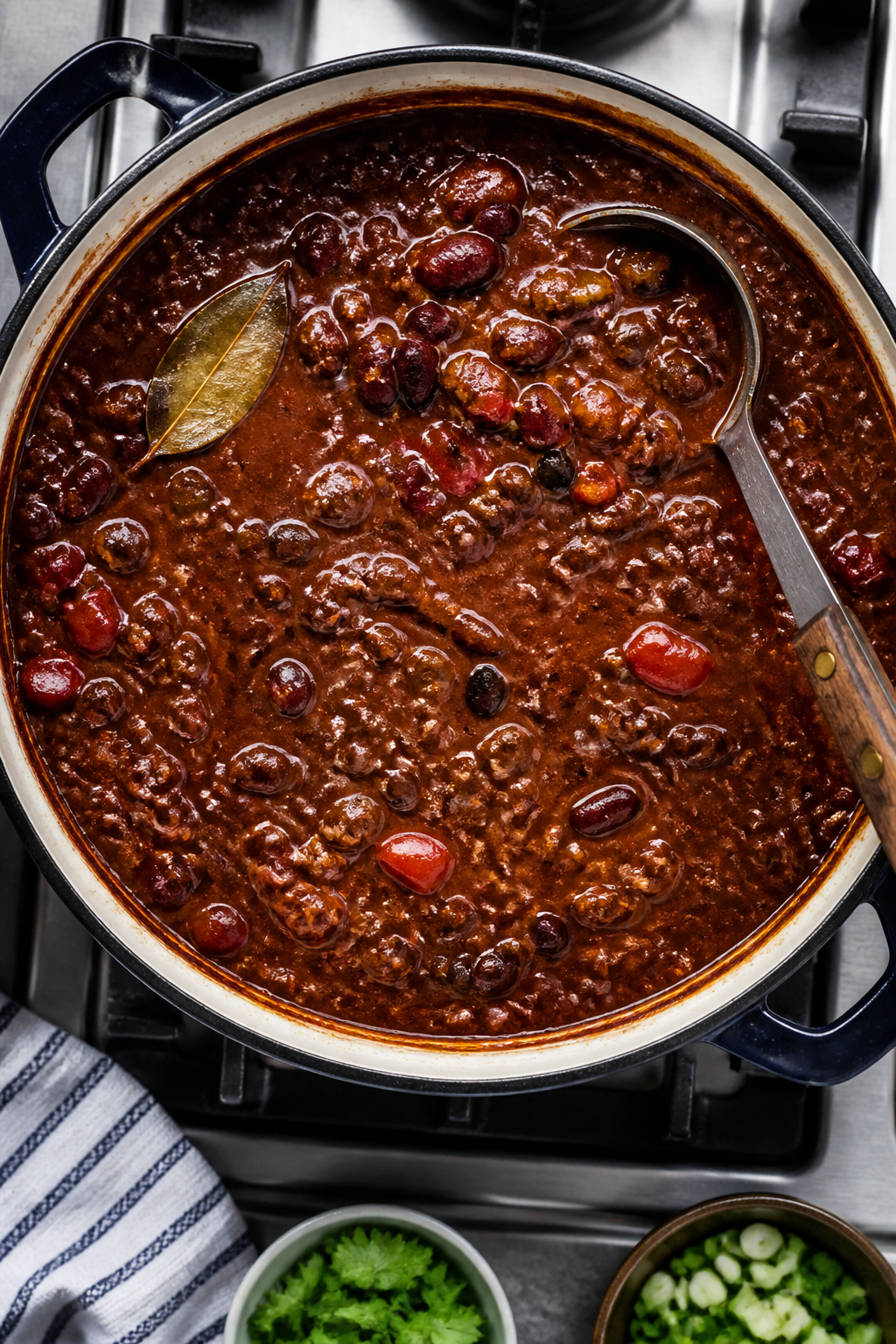 Tasty top view: Overhead shot of the chili mid-simmer—thick, glossy surface with visible kidney an