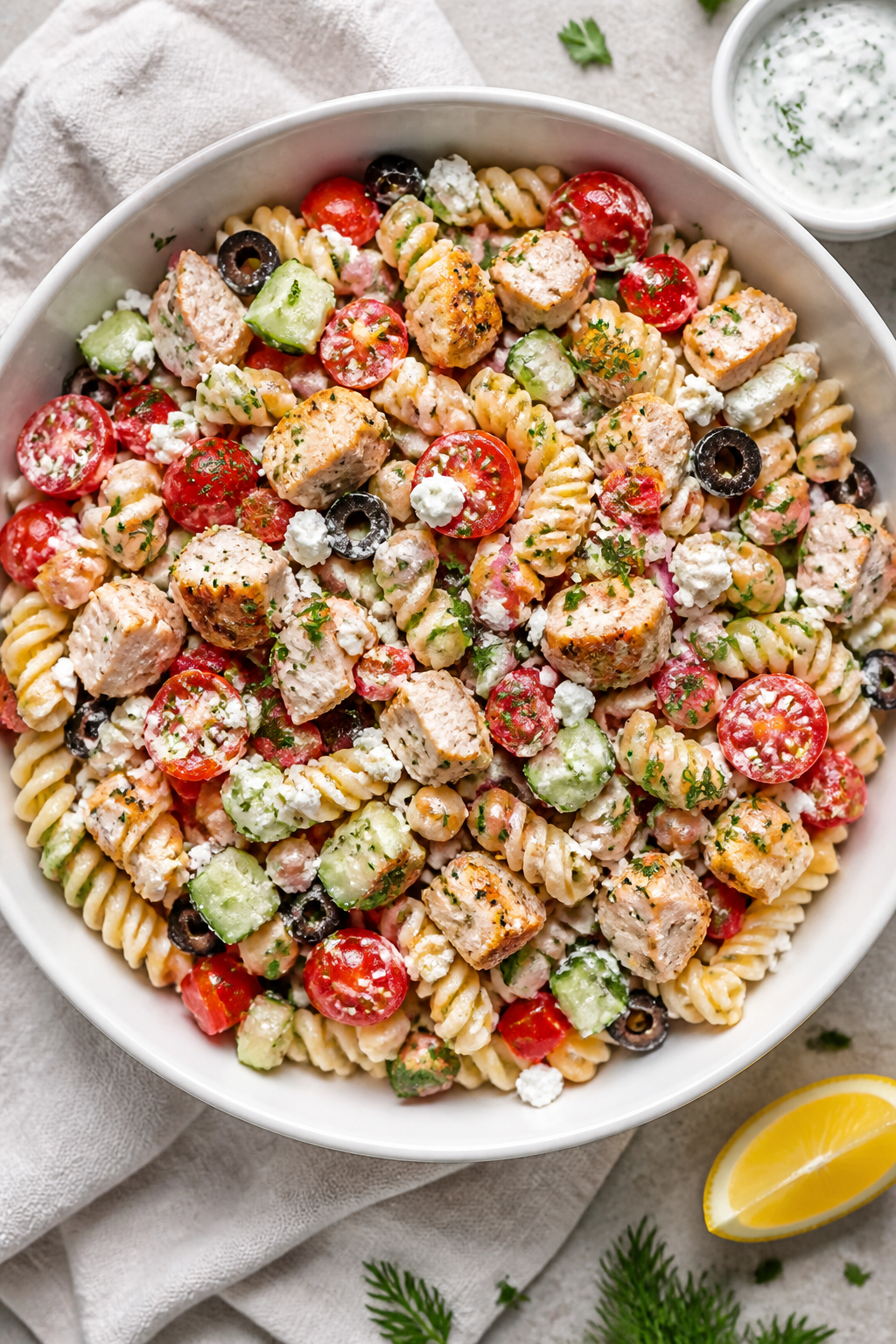 Tasty top view: Overhead shot of the combined High Protein Chicken Pasta Salad in a wide matte-white