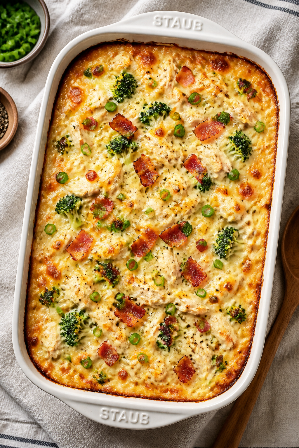 Tasty top view: Overhead shot of the finished casserole fresh from the oven, cheese lightly golden a