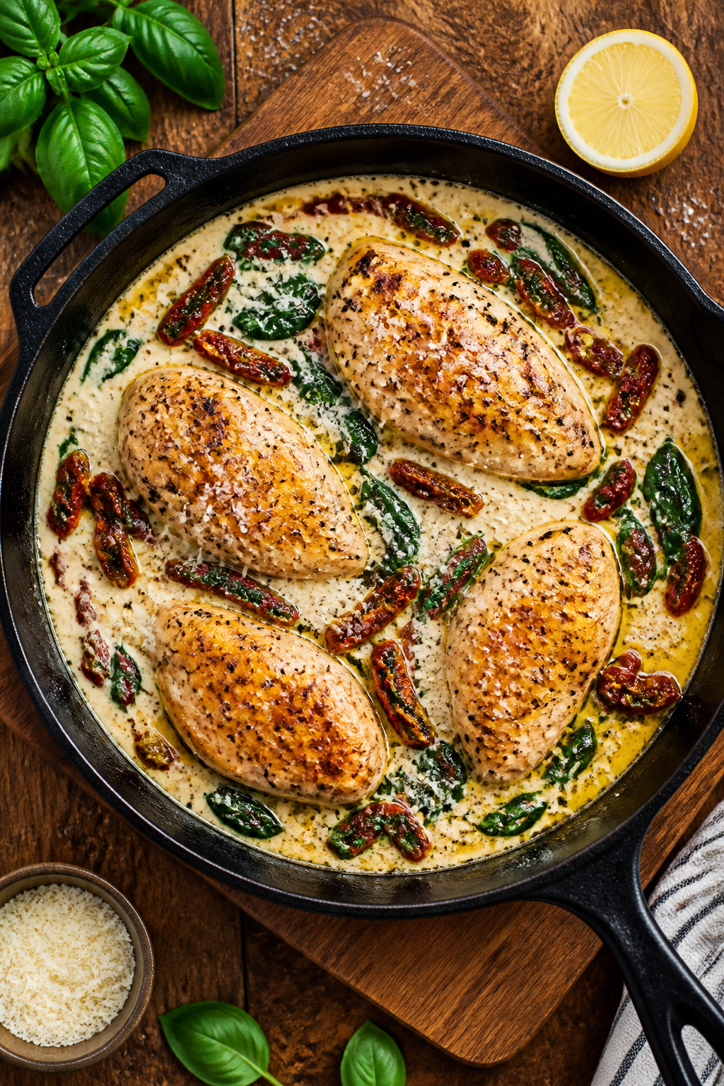 Tasty top view: Overhead shot of the finished skillet on a wooden board—chicken breasts evenly spa